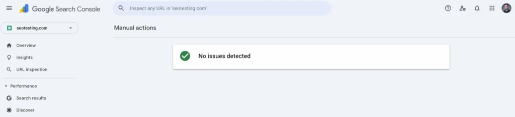 Google Search Console Manual Actions report for seotesting.com showing “No issues detected” status.
