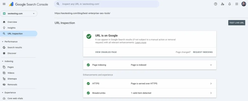 Google Search Console URL Inspection report confirming a blog page on seotesting.com is indexed, served over HTTPS, and eligible to appear in Google Search results.