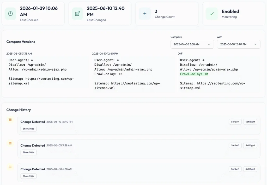 SEOTesting robots.txt monitoring report showing version comparisons, detected changes, crawl-delay updates, and historical change log for the robots file.