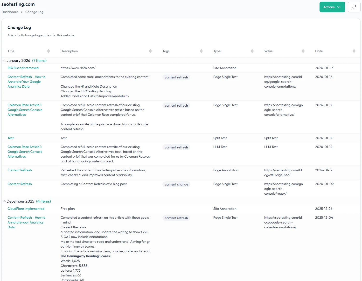Site Changelog report in SEOTesting