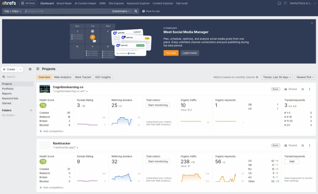 Ahrefs Projects dashboard showing domain health score, referring domains, organic traffic, and tracked keyword performance