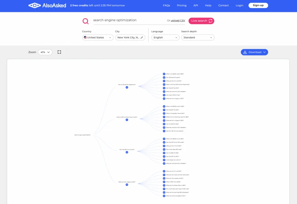 AlsoAsked search results for “search engine optimization” showing People Also Ask question tree with related SEO queries and topic clusters