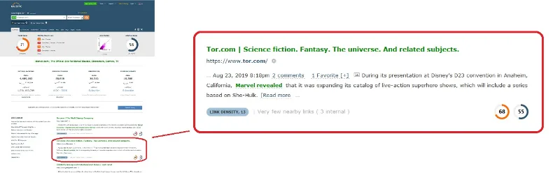 Majestic Link Context view highlighting backlink placement within page content and surrounding link metrics