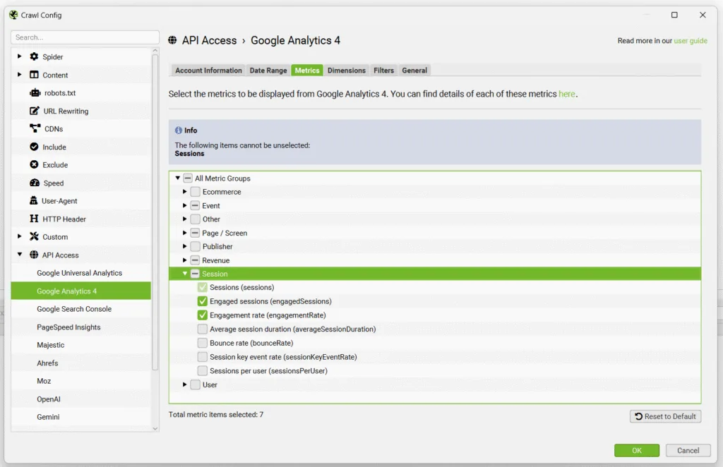 Screaming Frog SEO Spider Google Analytics 4 API settings showing selected session metrics including sessions, engaged sessions, and engagement rate under Crawl Config.