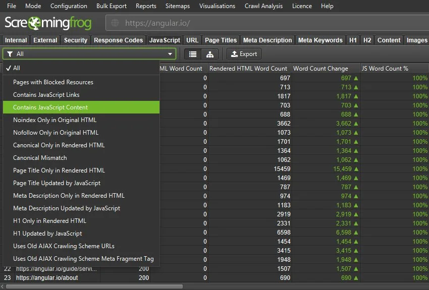 Screaming Frog SEO Spider JavaScript tab showing rendered HTML word count changes and JavaScript content detection for Angular.io crawl.