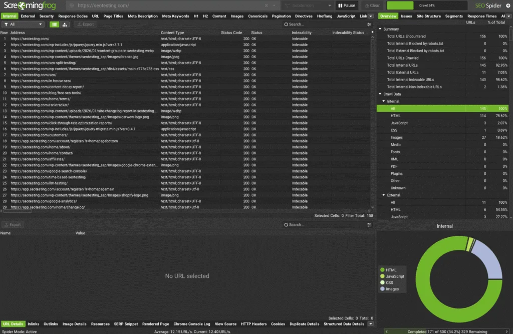 Screaming Frog SEO Spider performing an ongoing website crawl for seotesting.com showing internal URLs, status codes, indexability, and crawl progress