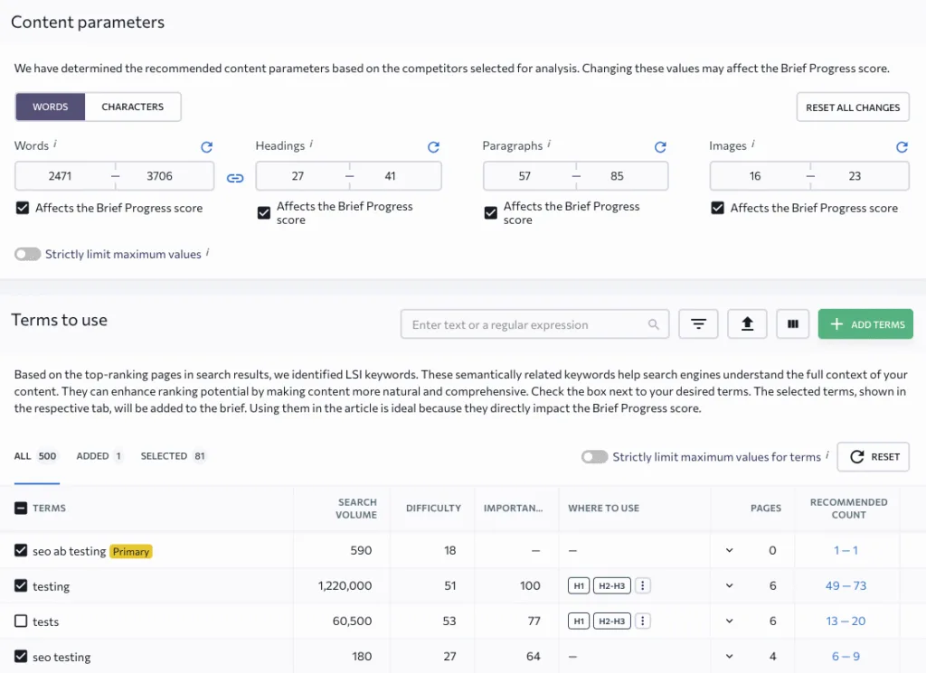 SE Ranking content brief creator showing recommended word count, headings, LSI keywords, and on-page optimization parameters