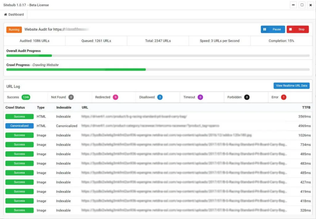 Sitebulb website audit in progress displaying crawl status, indexed URLs, redirect counts, and real-time crawl metrics