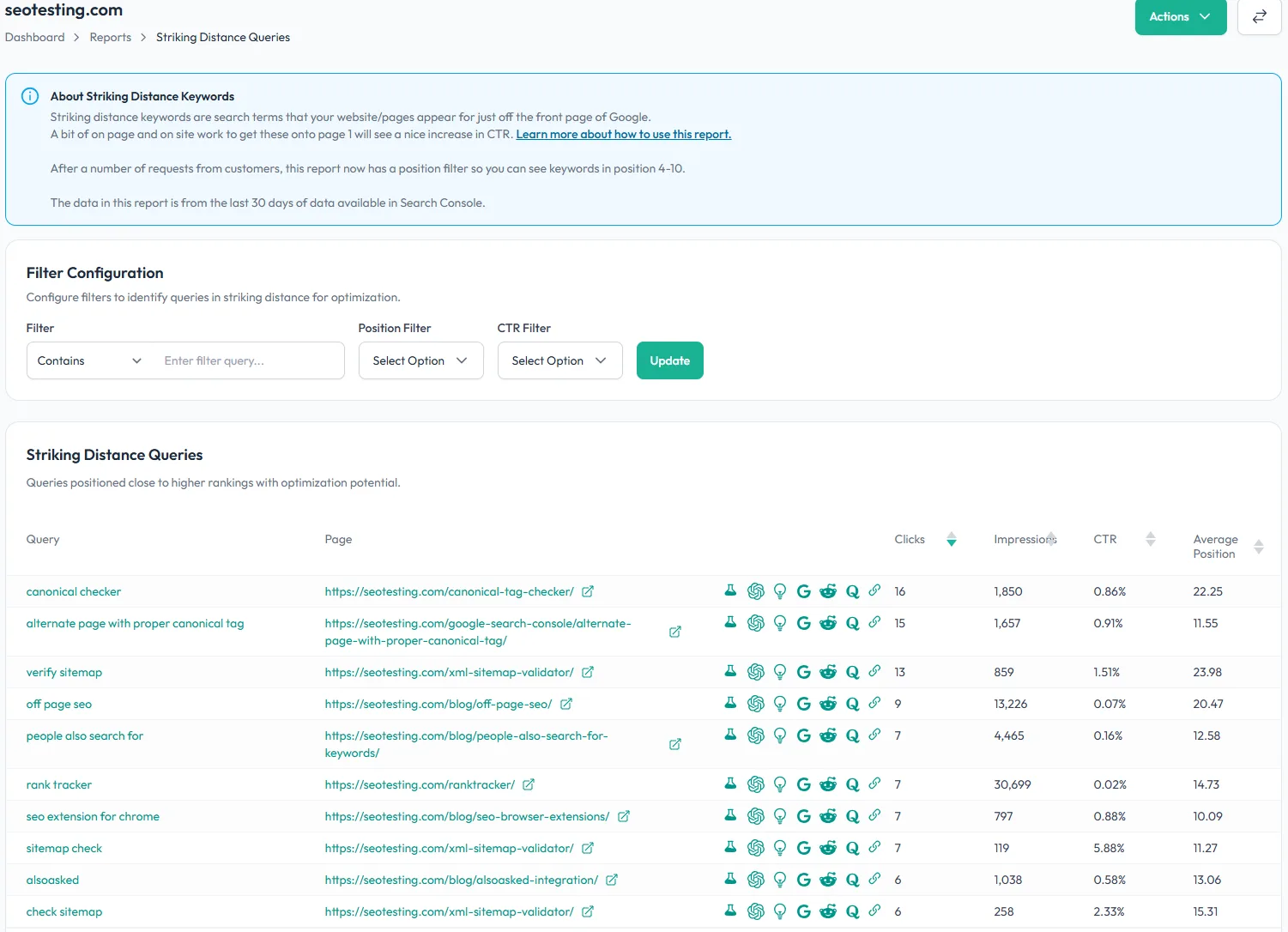 Striking Distance Keywords Report