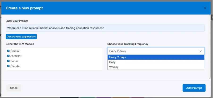 Waikay prompt tracking interface displaying LLM model selection, prompt setup, and tracking frequency options for AI visibility monitoring