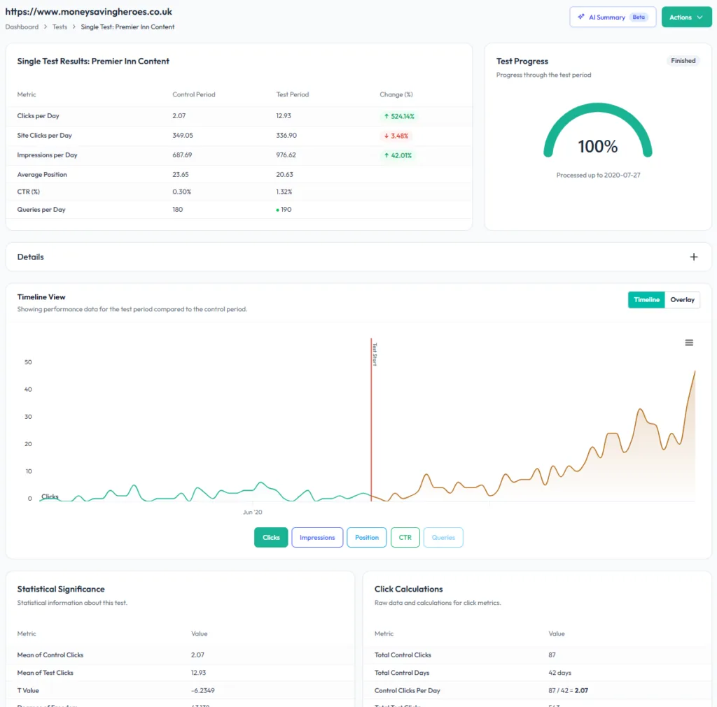 Screenshot of time-based SEO test in SEOTesting