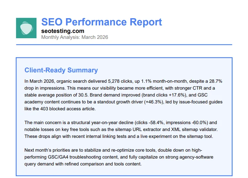 Client-ready PDF and copy-paste executive summary