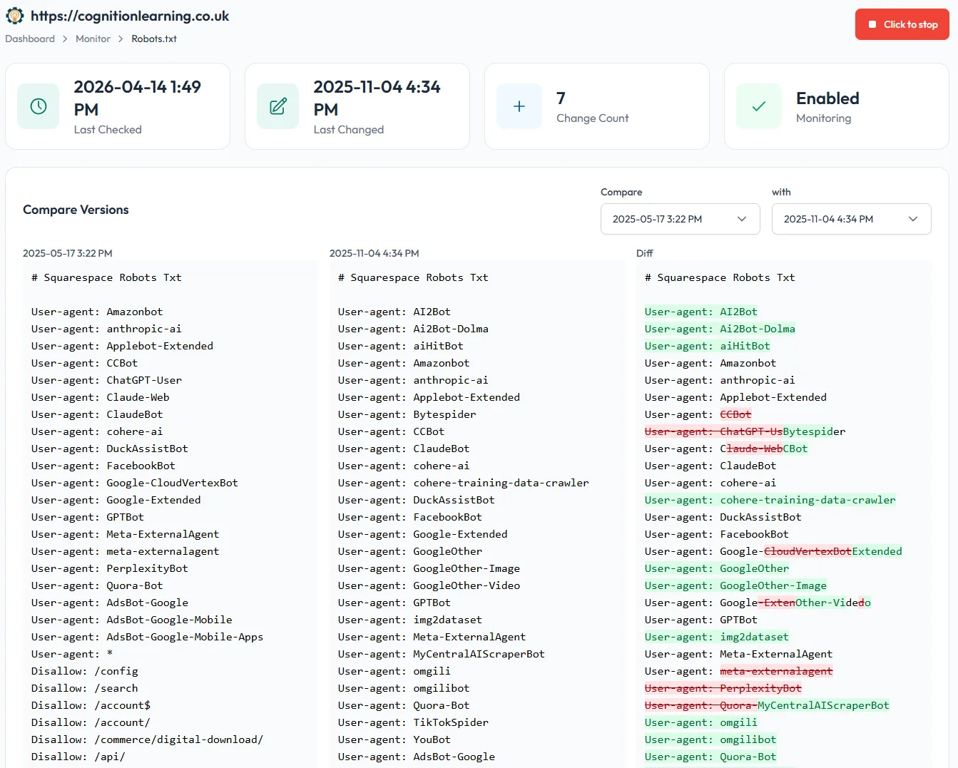 Key features of robots.txt Monitor