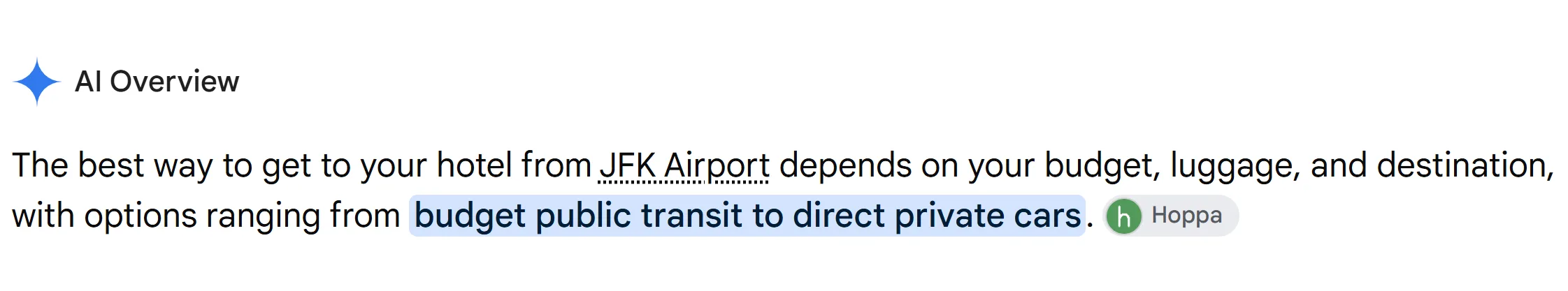 Example AI Overview for a JFK Airport transfer query, citing hoppa